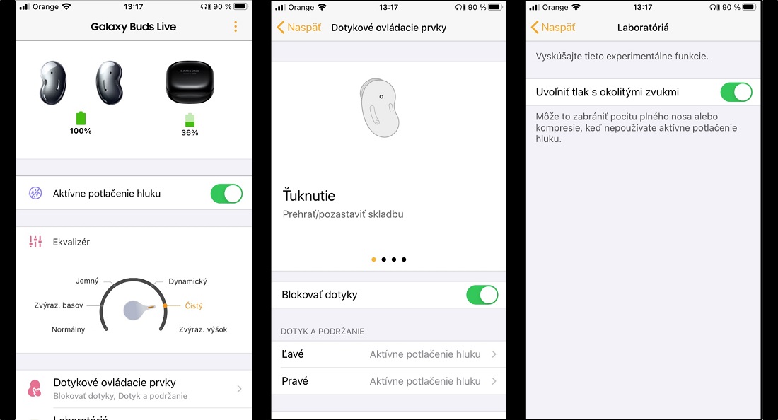 Prostredie aplikácie Galaxy Wearable na Apple iOS – Samsung Galaxy Buds Live 