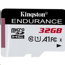 32 GB . microSD karta Kingston High Endurance Class 10 UHS-I U1 (r95MB/s, w30MB/s) bez adaptéra