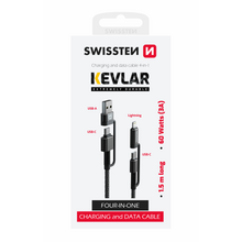 Dátový kábel Swissten Kevlar 4in1 USB-C (USB-A)/USB-C (Lightning) 3A 1,5m Čierny