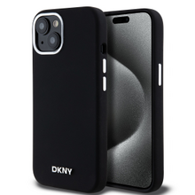 DKNY Liquid Silicone Silver Metal Logo Magsafe Zadní Kryt pro iPhone 15 Black