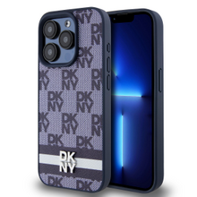 DKNY PU Leather Checkered Pattern and Stripe Zadní Kryt pro iPhone 15 Pro Blue