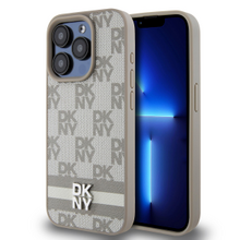 DKNY PU Leather Checkered Pattern and Stripe Zadní Kryt pro iPhone 14 Pro Beige