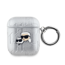 Karl Lagerfeld PU Embossed Karl and Choupette Heads Pouzdro pro AirPods 1/2 Silver