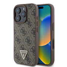 Guess PU 4G Strass Triangle Metal Logo Zadní Kryt pro iPhone 16 Pro Brown